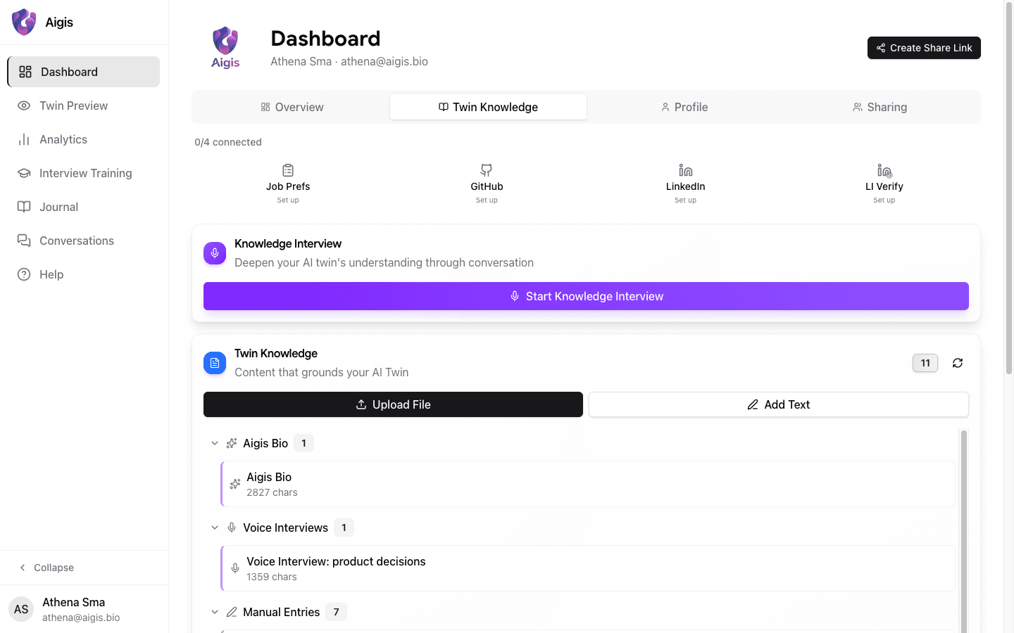 Knowledge base interface showing uploaded documents and training sessions