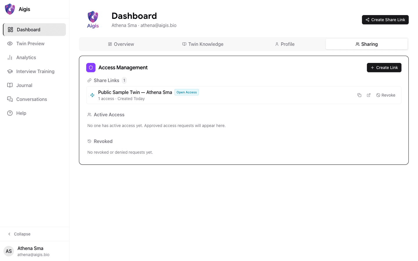 Share links management panel with access controls and audit log